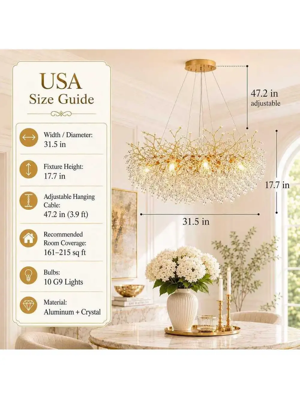 Luxora Modern Crystal Chandelier Pendant Light with Gold Branch Design